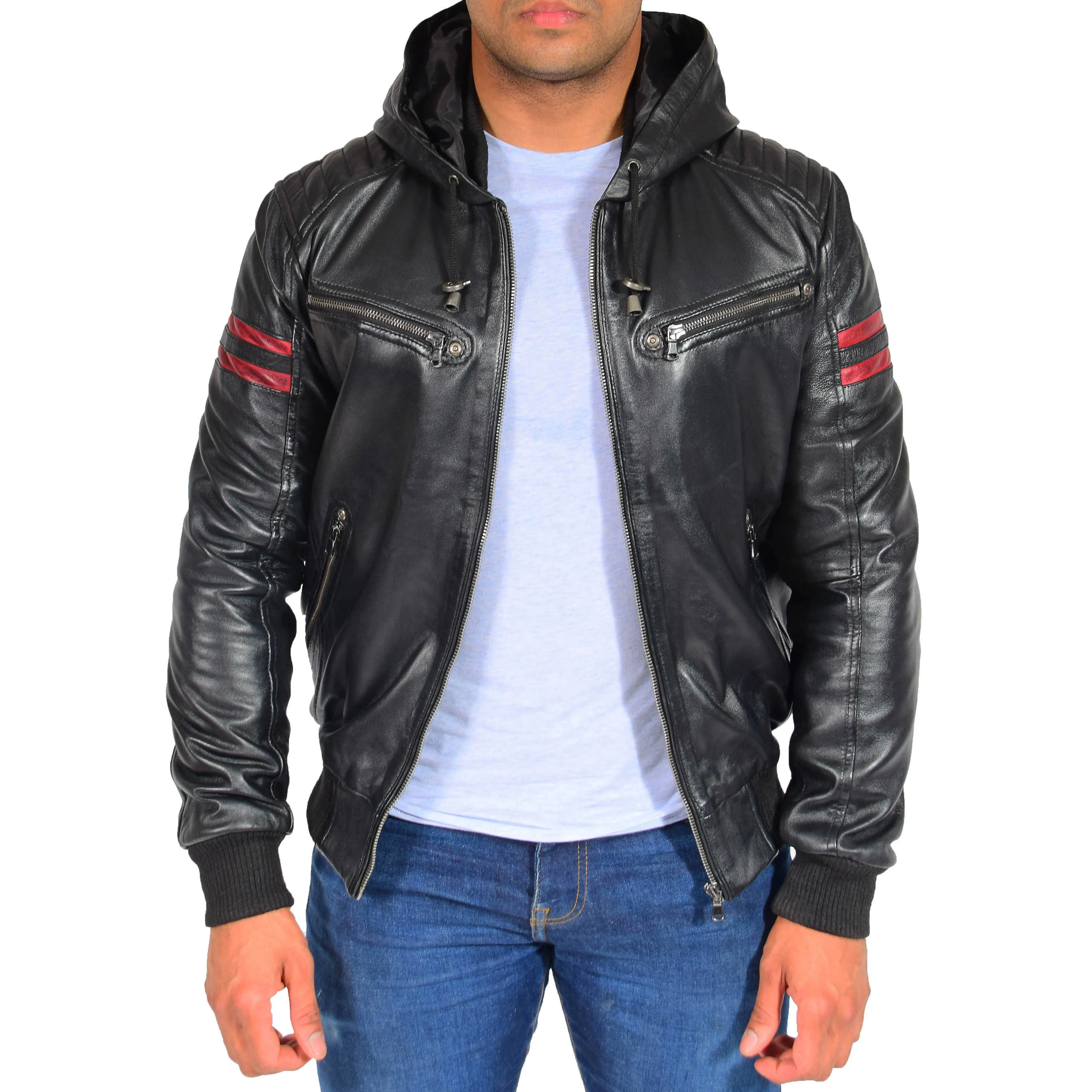 Mens Trendy Leather Hoody Black Fitted Soft Lambskin Bomber Jacket Dante