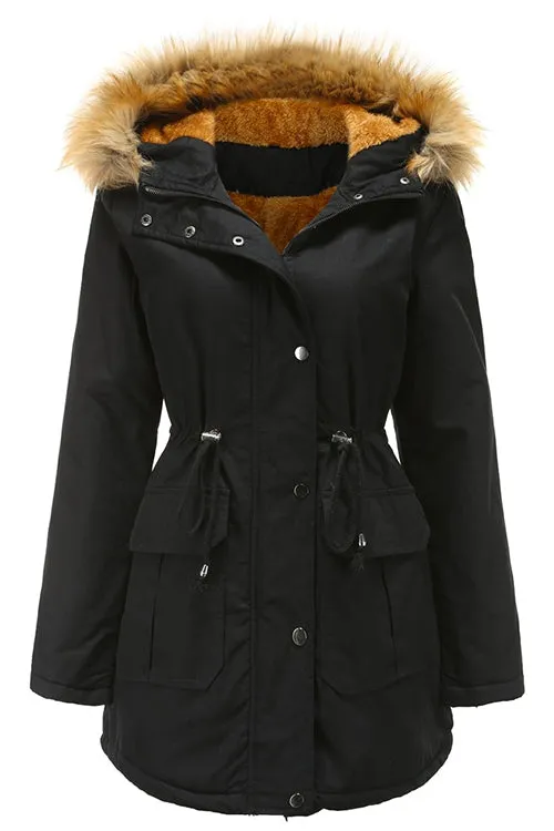 Mixiedress Zip Up Drawstring Waist Fleece Lined Hoodied Parka Coat