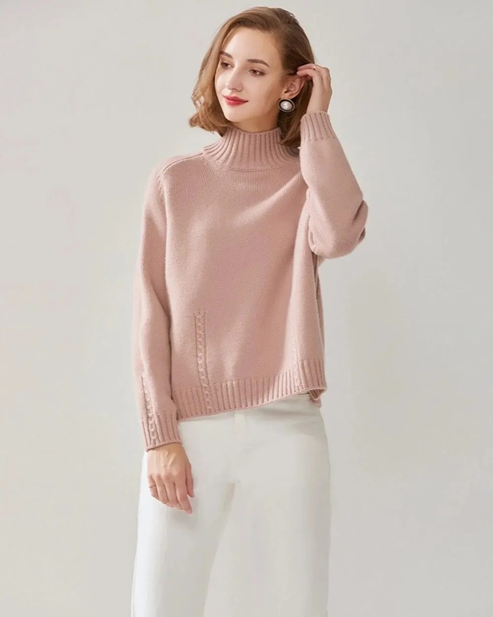 Mock Neck Cable Knit Cashmere Sweater