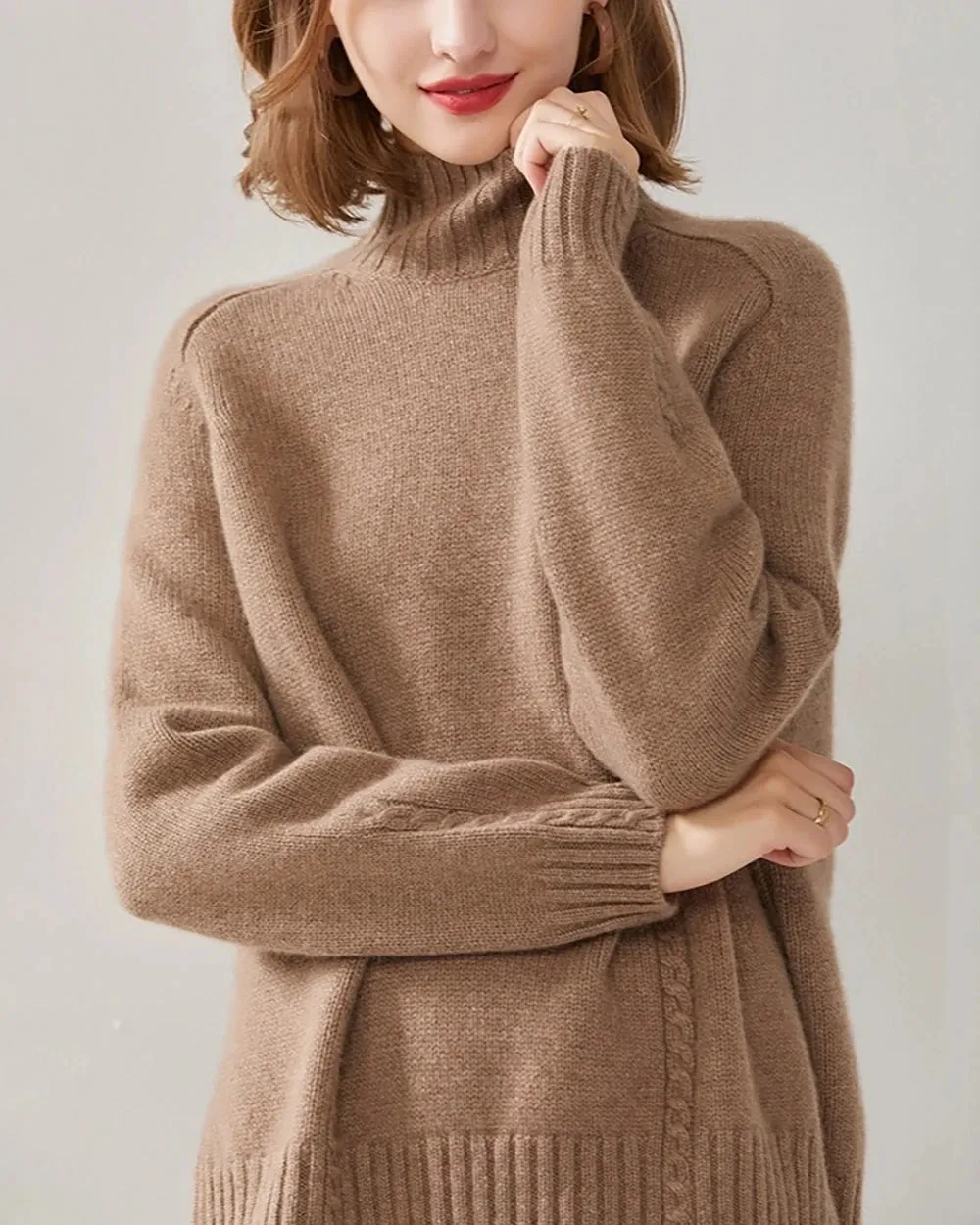 Mock Neck Cable Knit Cashmere Sweater