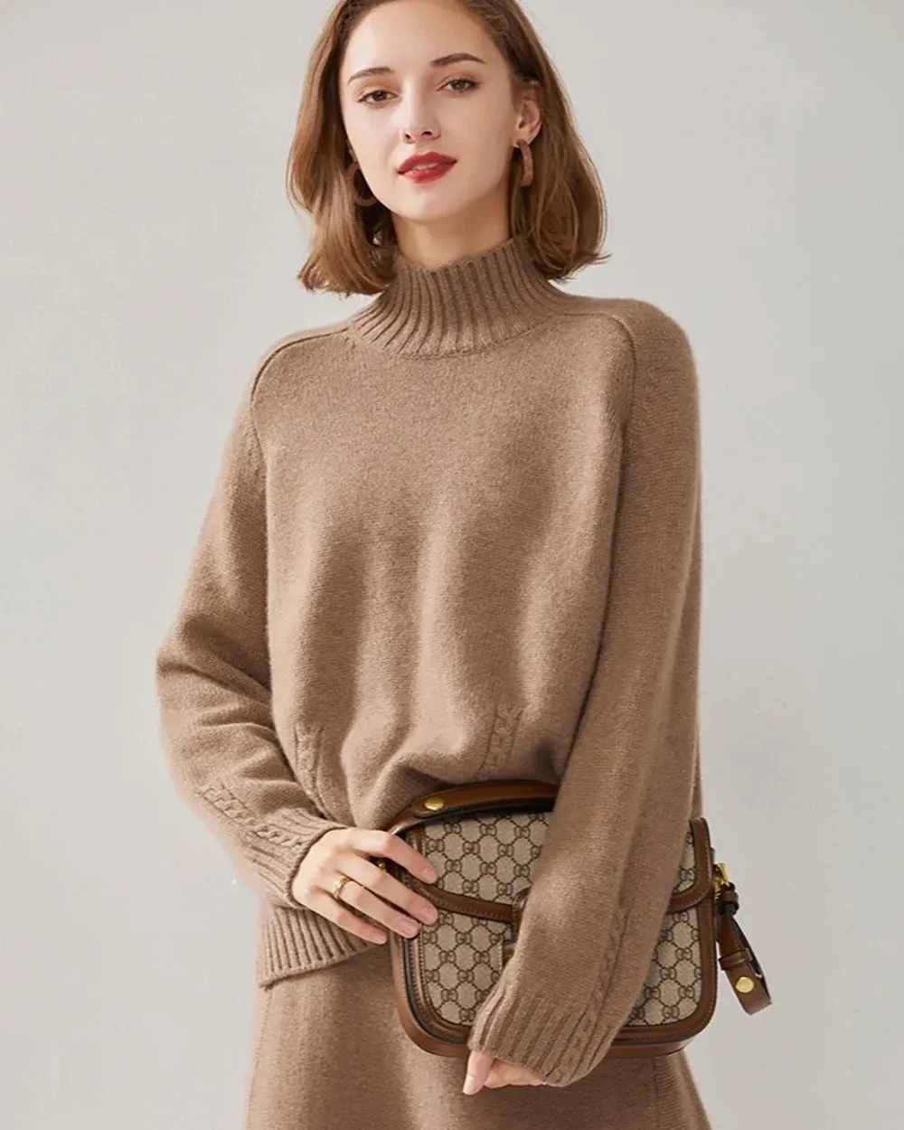 Mock Neck Cable Knit Cashmere Sweater