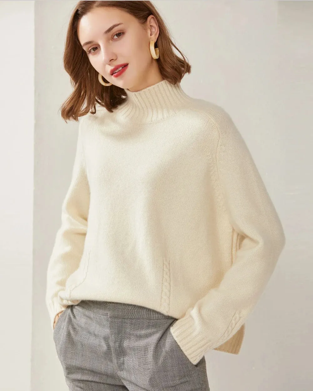 Mock Neck Cable Knit Cashmere Sweater