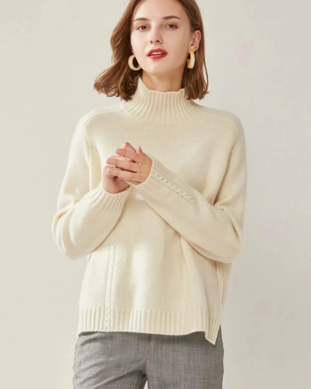 Mock Neck Cable Knit Cashmere Sweater