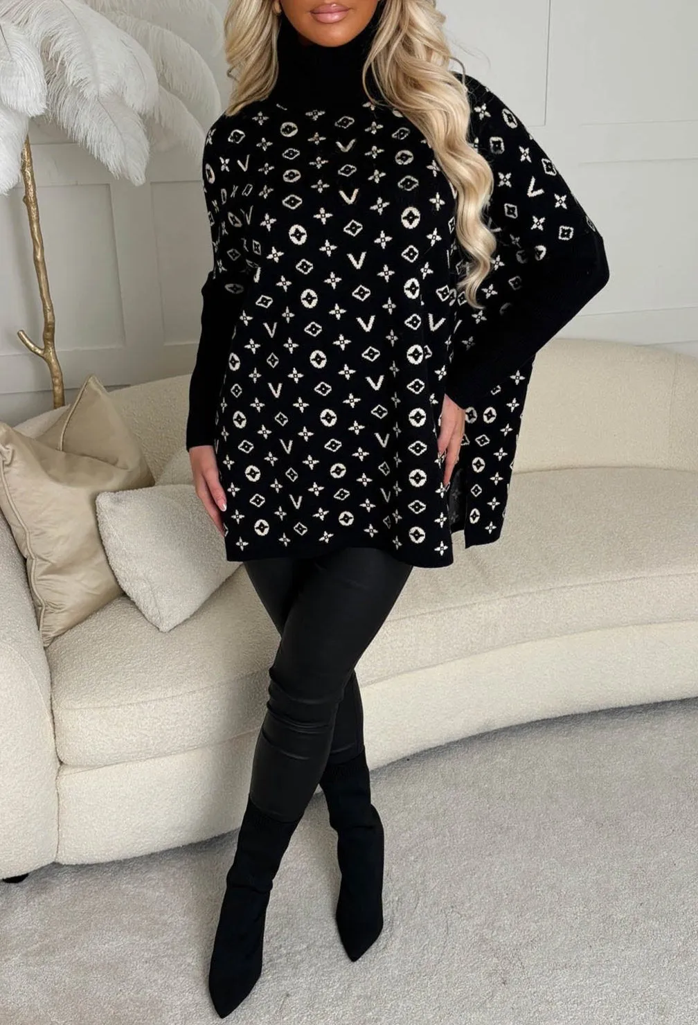 Never Change Black Knitted Pattern Poncho Jumper