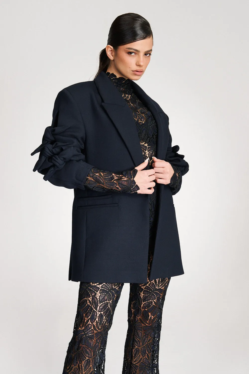 'Nola' Navy Bow Detailed Oversized Blazer