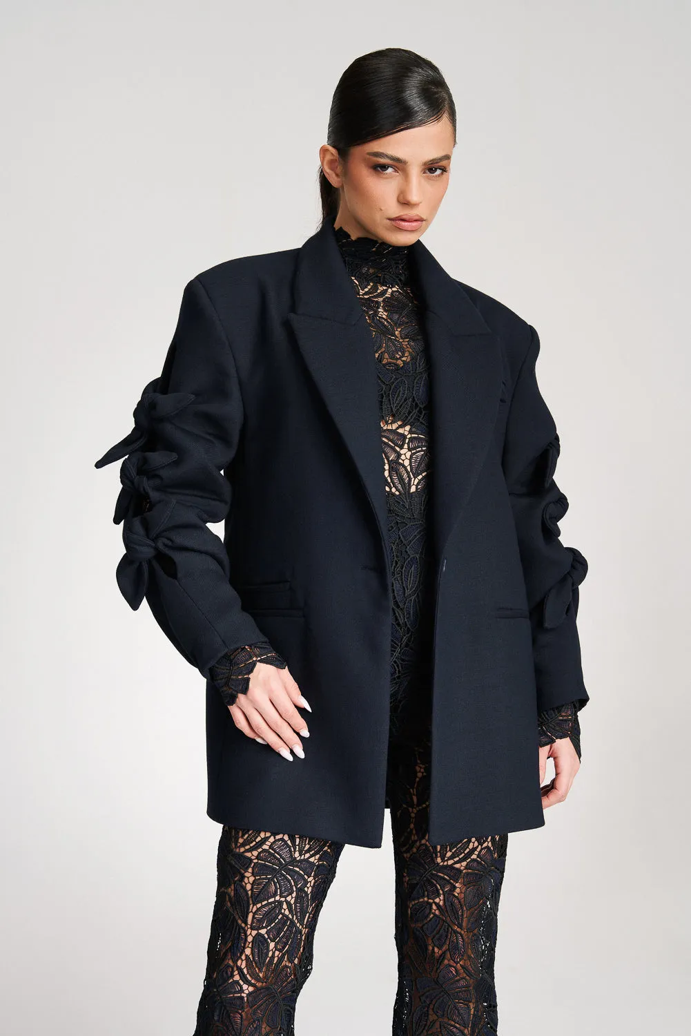 'Nola' Navy Bow Detailed Oversized Blazer