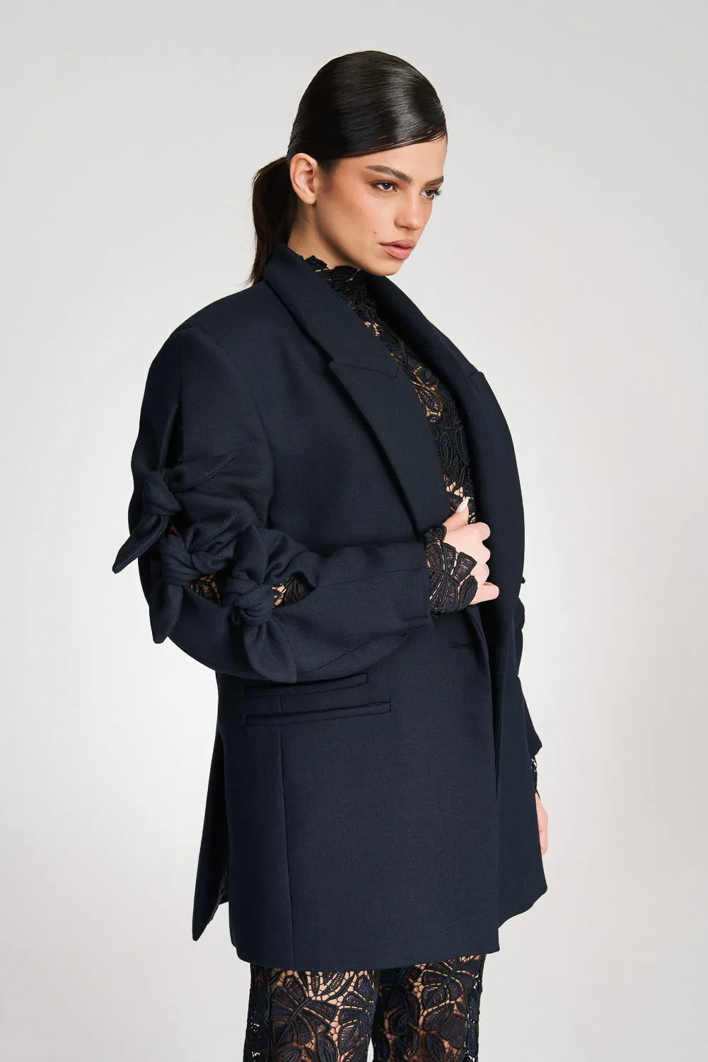 'Nola' Navy Bow Detailed Oversized Blazer