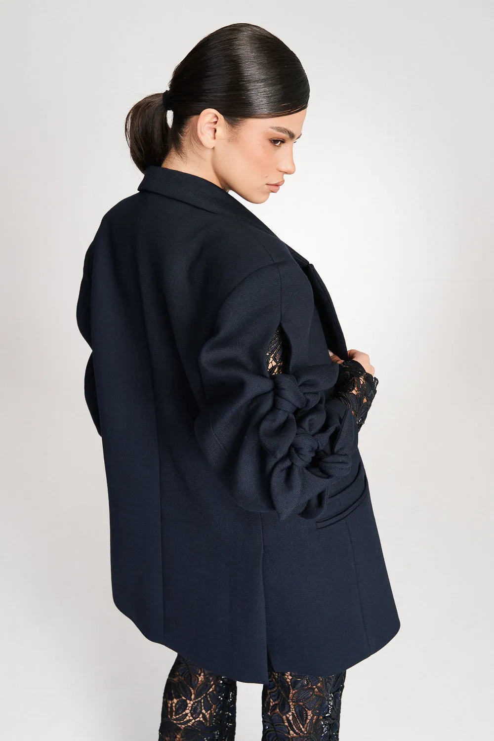 'Nola' Navy Bow Detailed Oversized Blazer