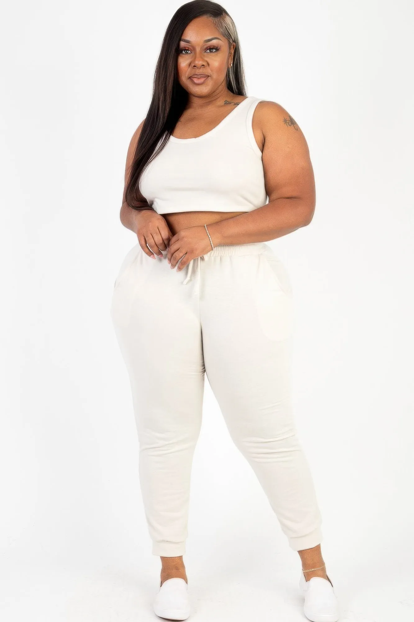 Plus Size French Terry Cropped Tank Top & Joggers Set