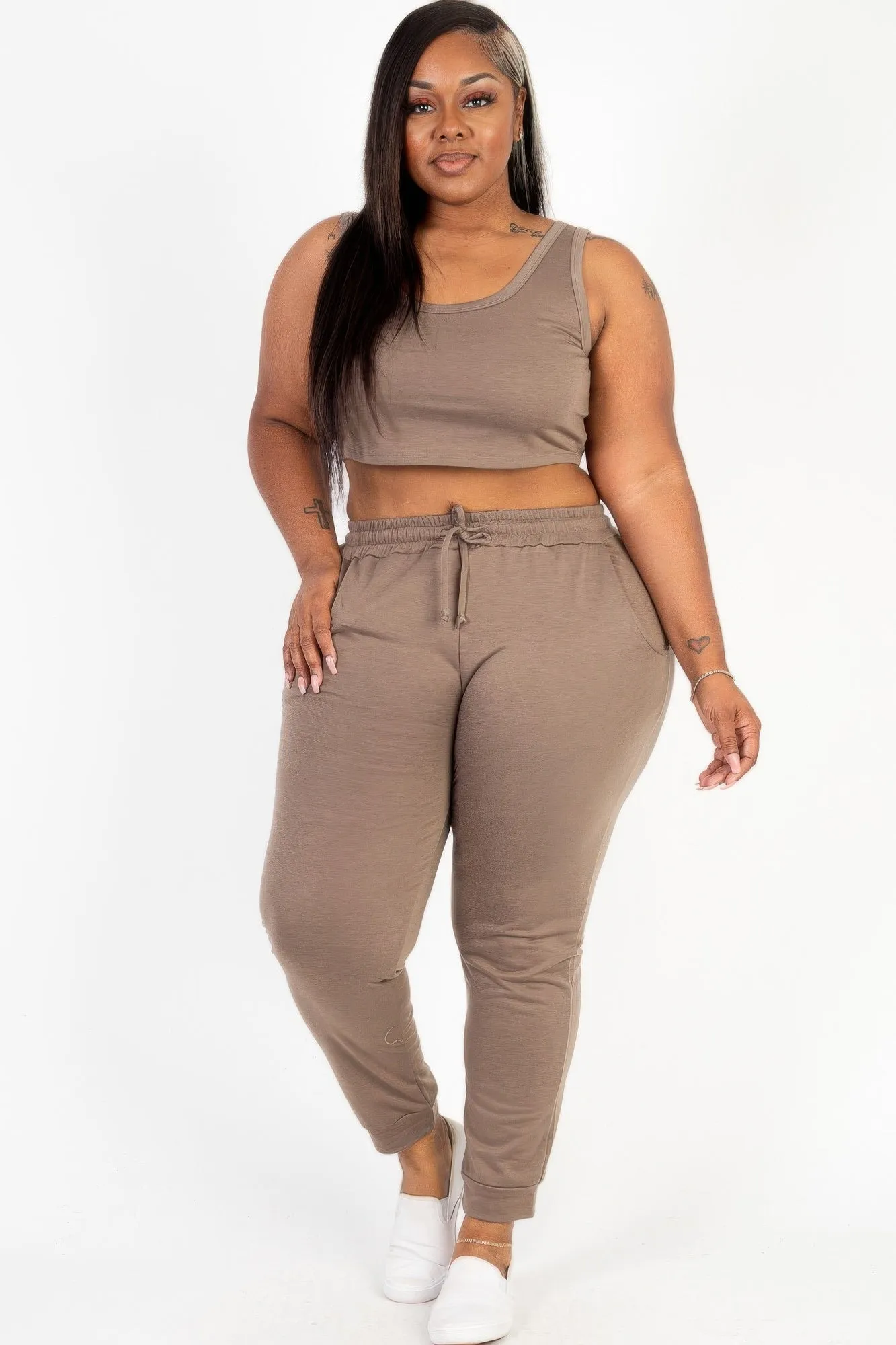 Plus Size French Terry Cropped Tank Top & Joggers Set