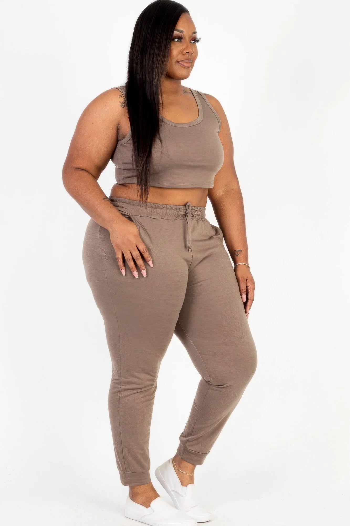 Plus Size French Terry Cropped Tank Top & Joggers Set