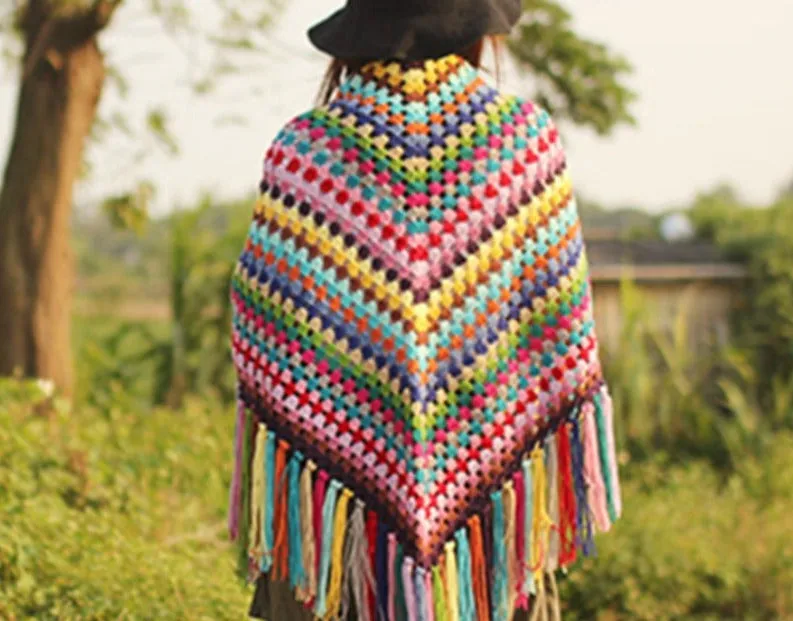 Rainbow Favourites Crocheted Tasseled Hand Made Poncho