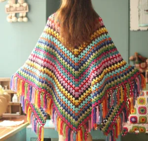 Rainbow Favourites Crocheted Tasseled Hand Made Poncho