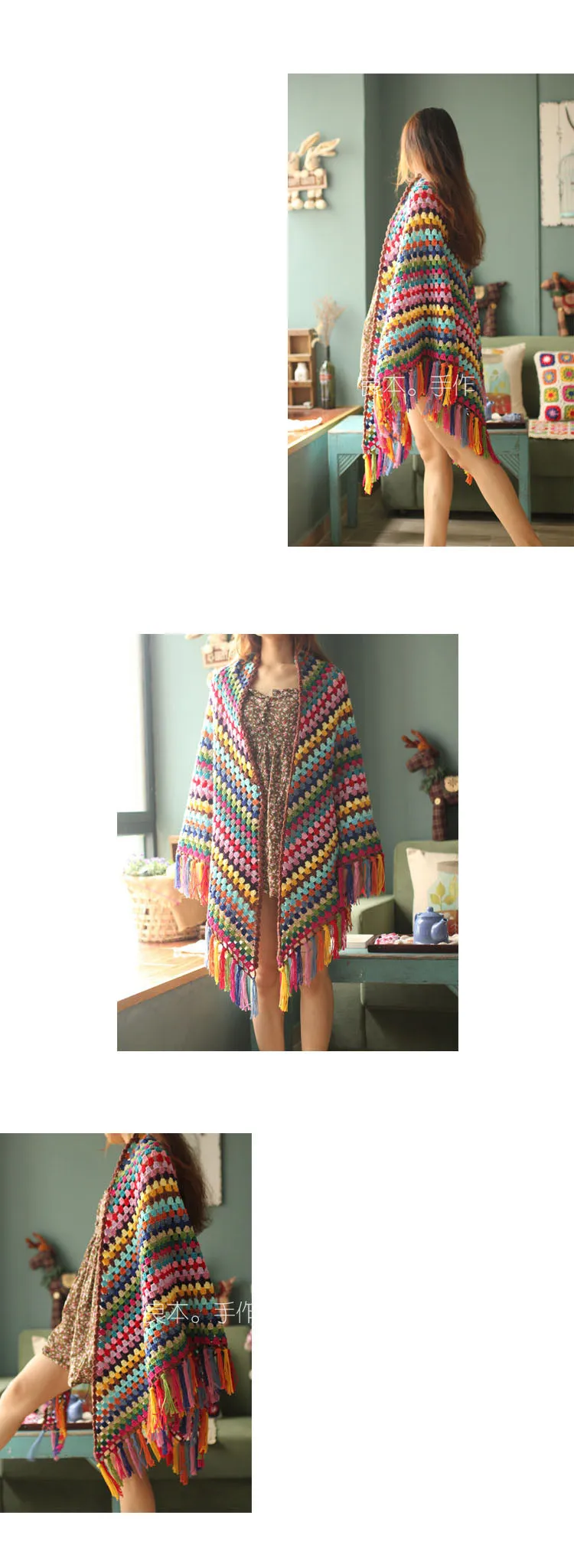 Rainbow Favourites Crocheted Tasseled Hand Made Poncho