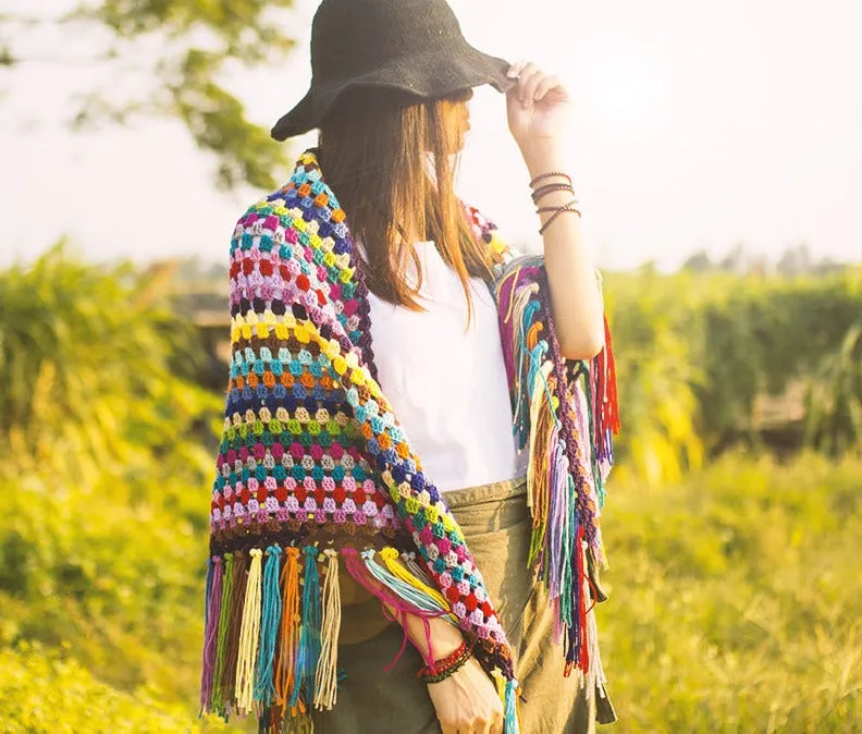 Rainbow Favourites Crocheted Tasseled Hand Made Poncho