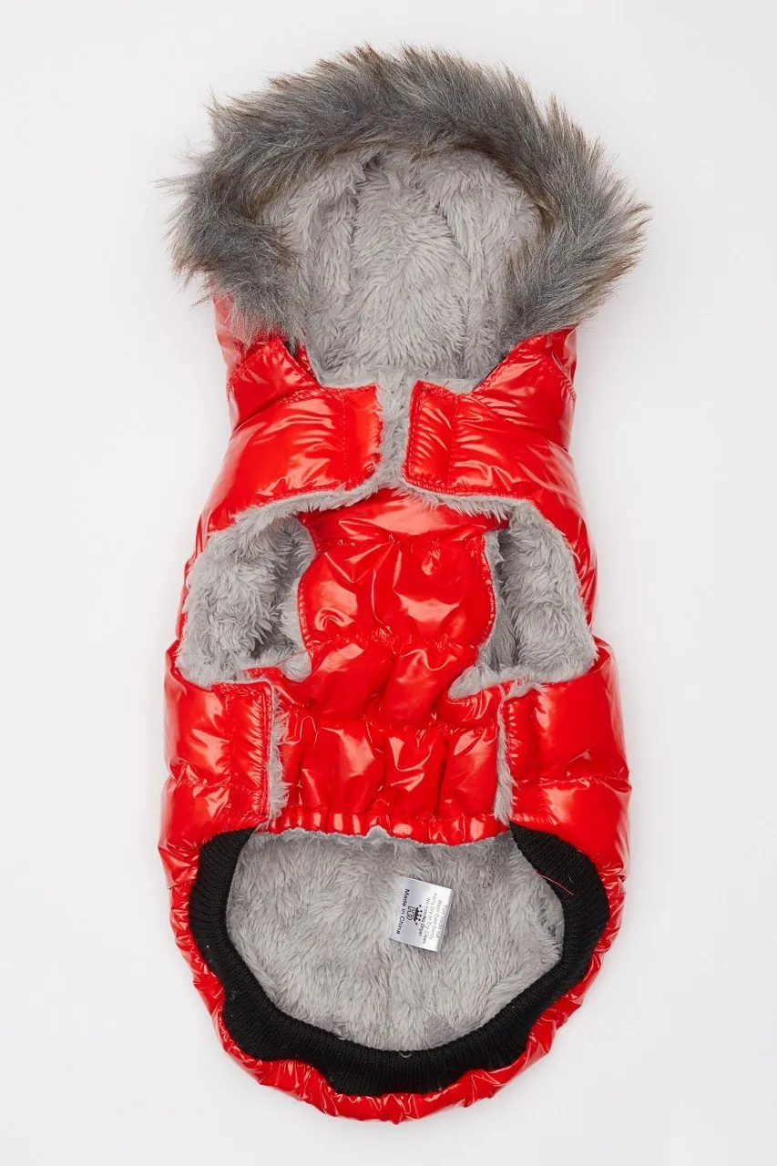 Red Winter Dog Jacket with Hood - Hip Doggie Elite Reflective Coat - Red