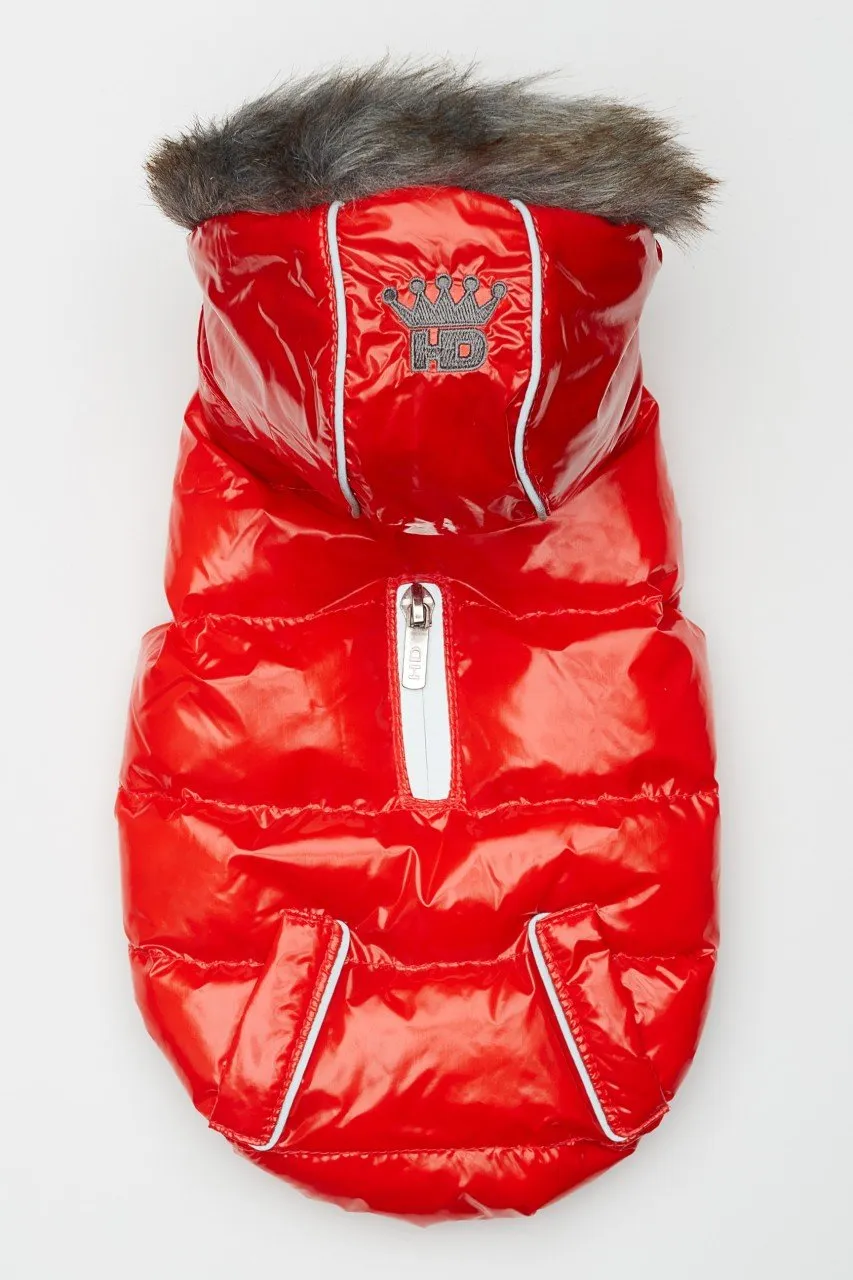 Red Winter Dog Jacket with Hood - Hip Doggie Elite Reflective Coat - Red