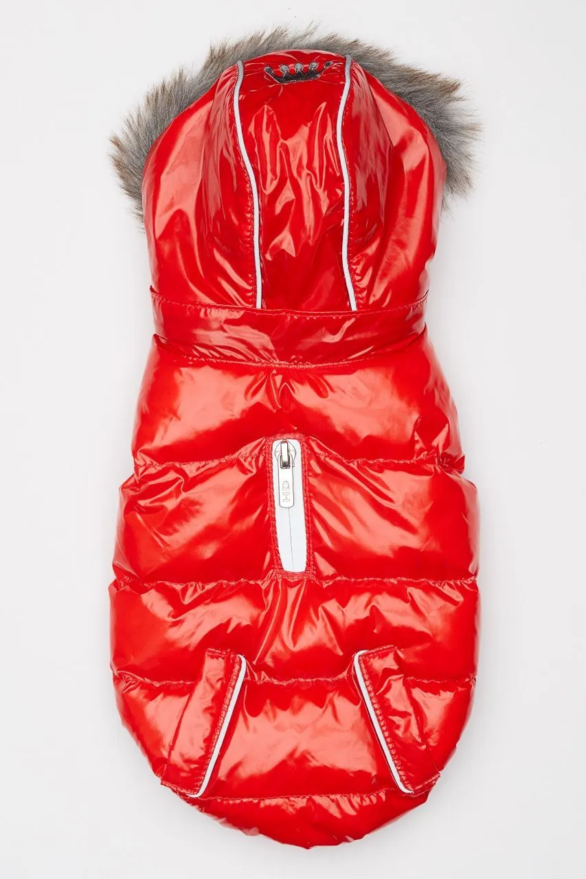 Red Winter Dog Jacket with Hood - Hip Doggie Elite Reflective Coat - Red