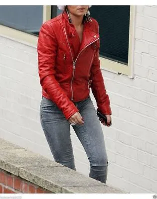 Red Women's Moto Lambskin Real Leather Jacket Motorcycle Slim fit Biker Jacket