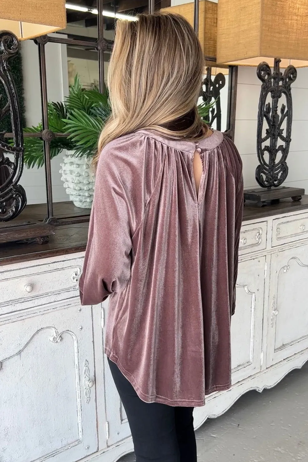 Rose Velvet Pleated Keyhole Back Bubble Sleeve Top