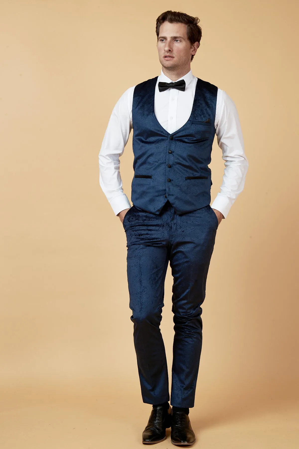 SIMON - Navy Velvet Jacquard Waistcoat