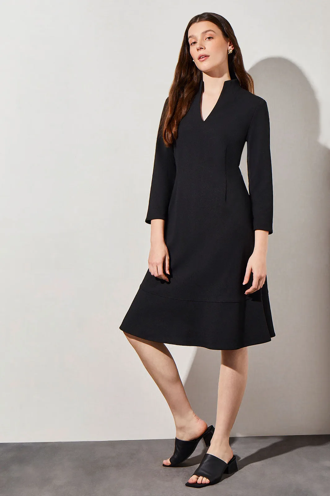 Stretch Deco Crepe Funnel Neck Midi Dress