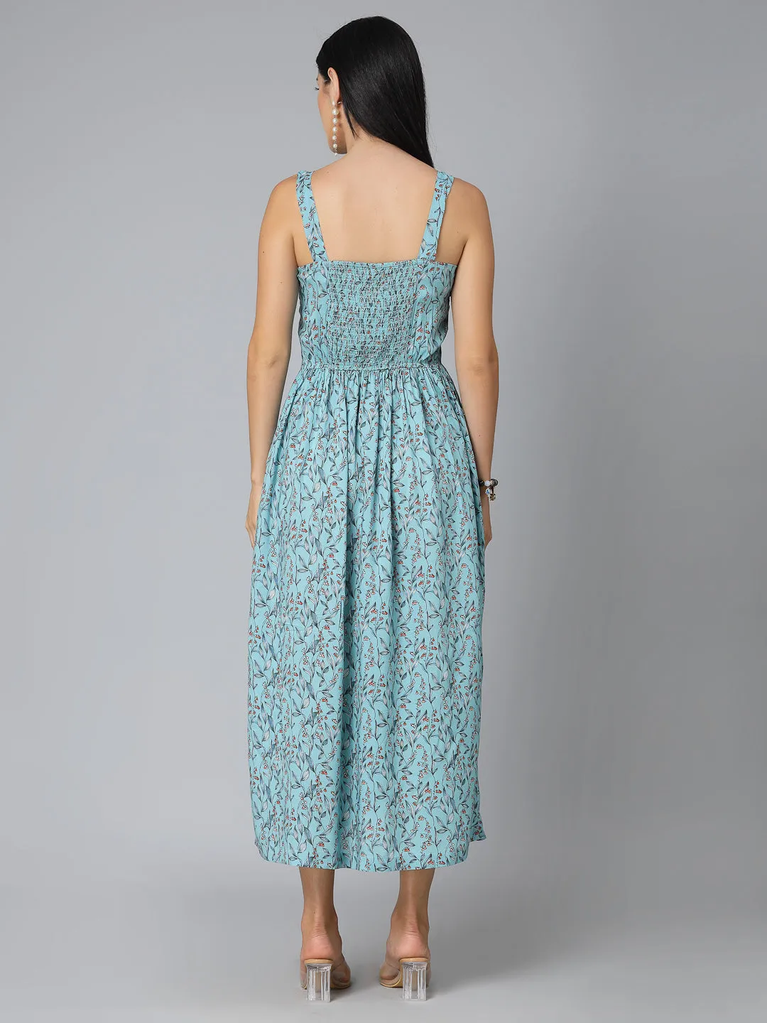 Style Quotient Women Sea Green Floral Printed Rayon Midi Dress