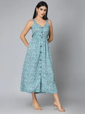 Style Quotient Women Sea Green Floral Printed Rayon Midi Dress