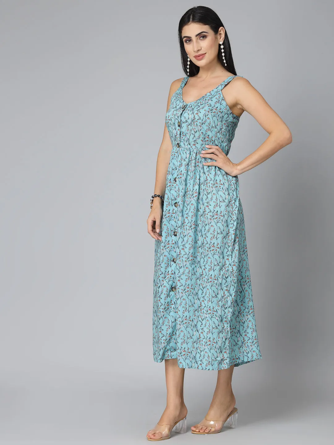 Style Quotient Women Sea Green Floral Printed Rayon Midi Dress