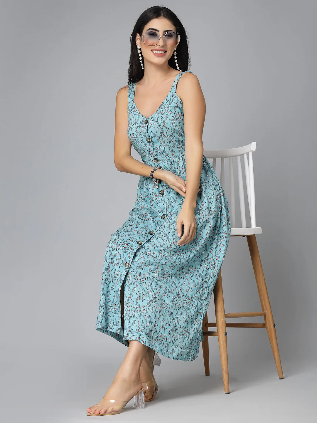 Style Quotient Women Sea Green Floral Printed Rayon Midi Dress