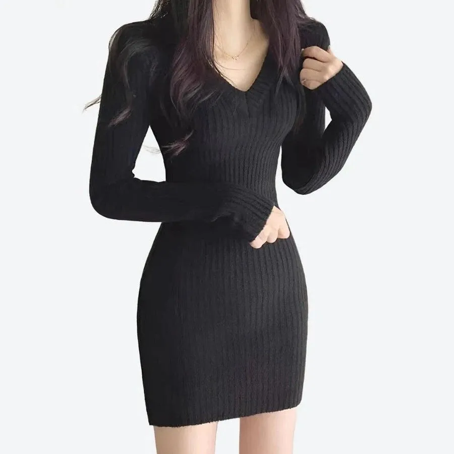 Stylish Ribbed Bodycon V-Neck Dresses