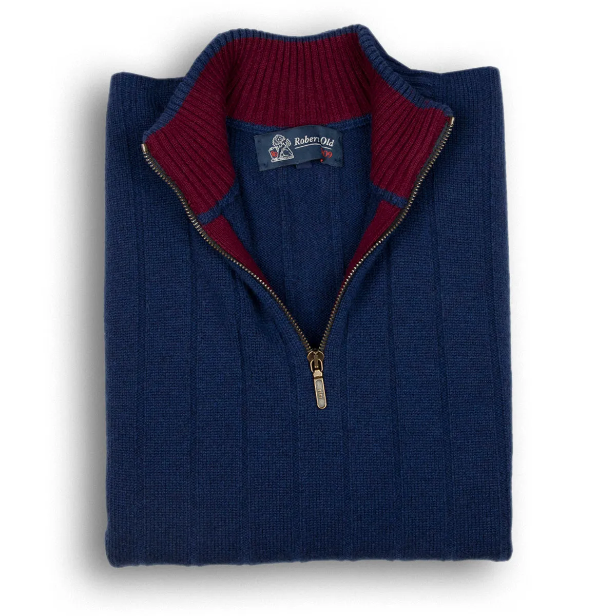 The Wellington Cashmere Ribbed Zip Neck Sweater - Inchiostro / Pompeii