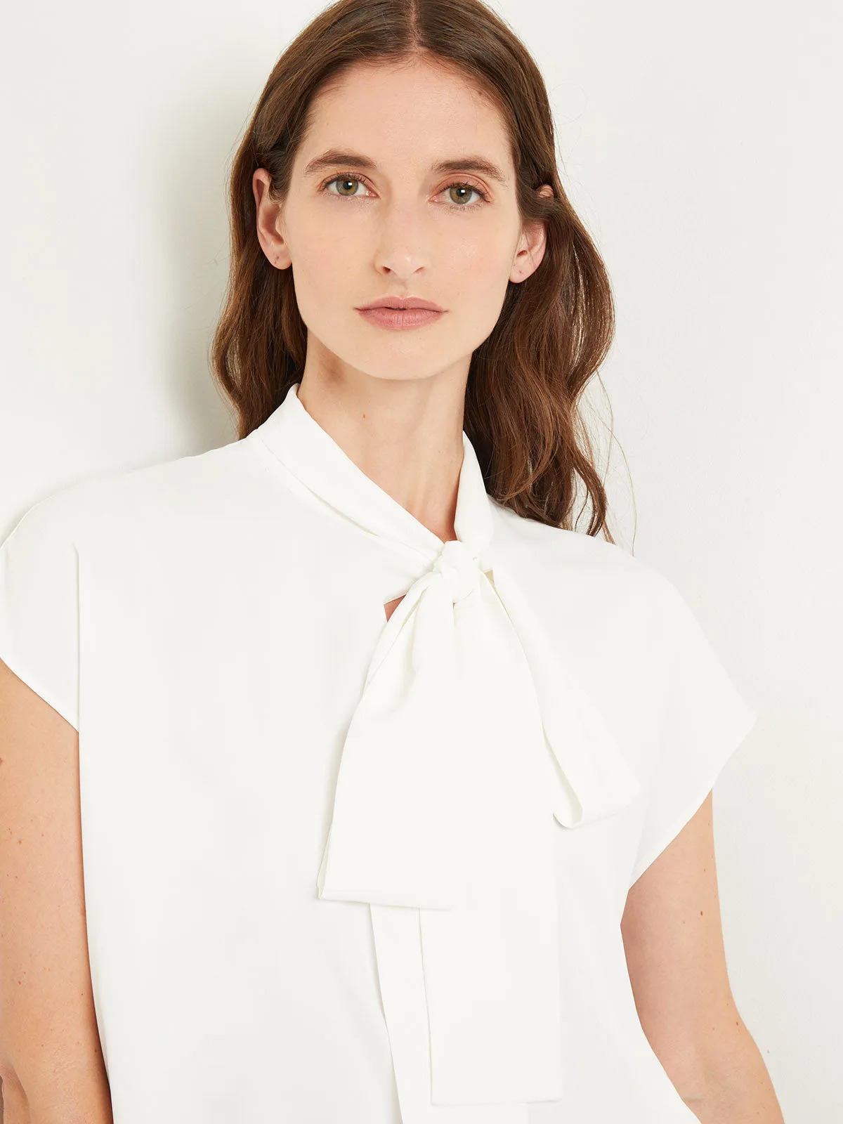 Tie-Neck Blouse - Cap Sleeve Crepe de Chine