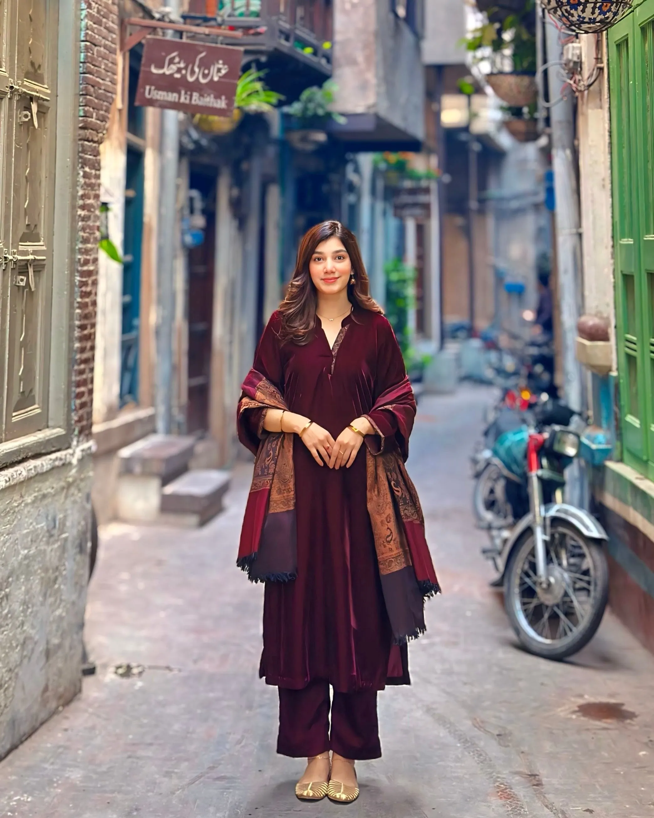 Velvet Maroon Dress with Shawl