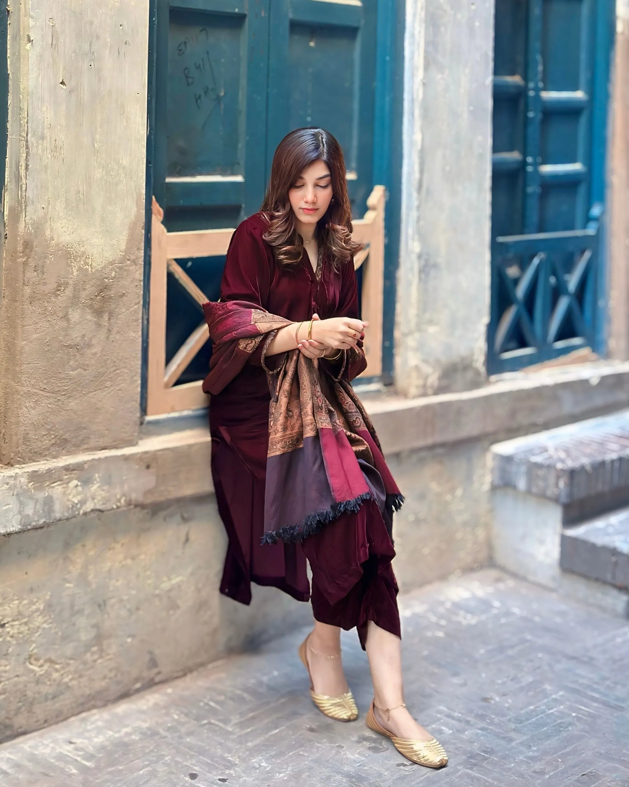 Velvet Maroon Dress with Shawl