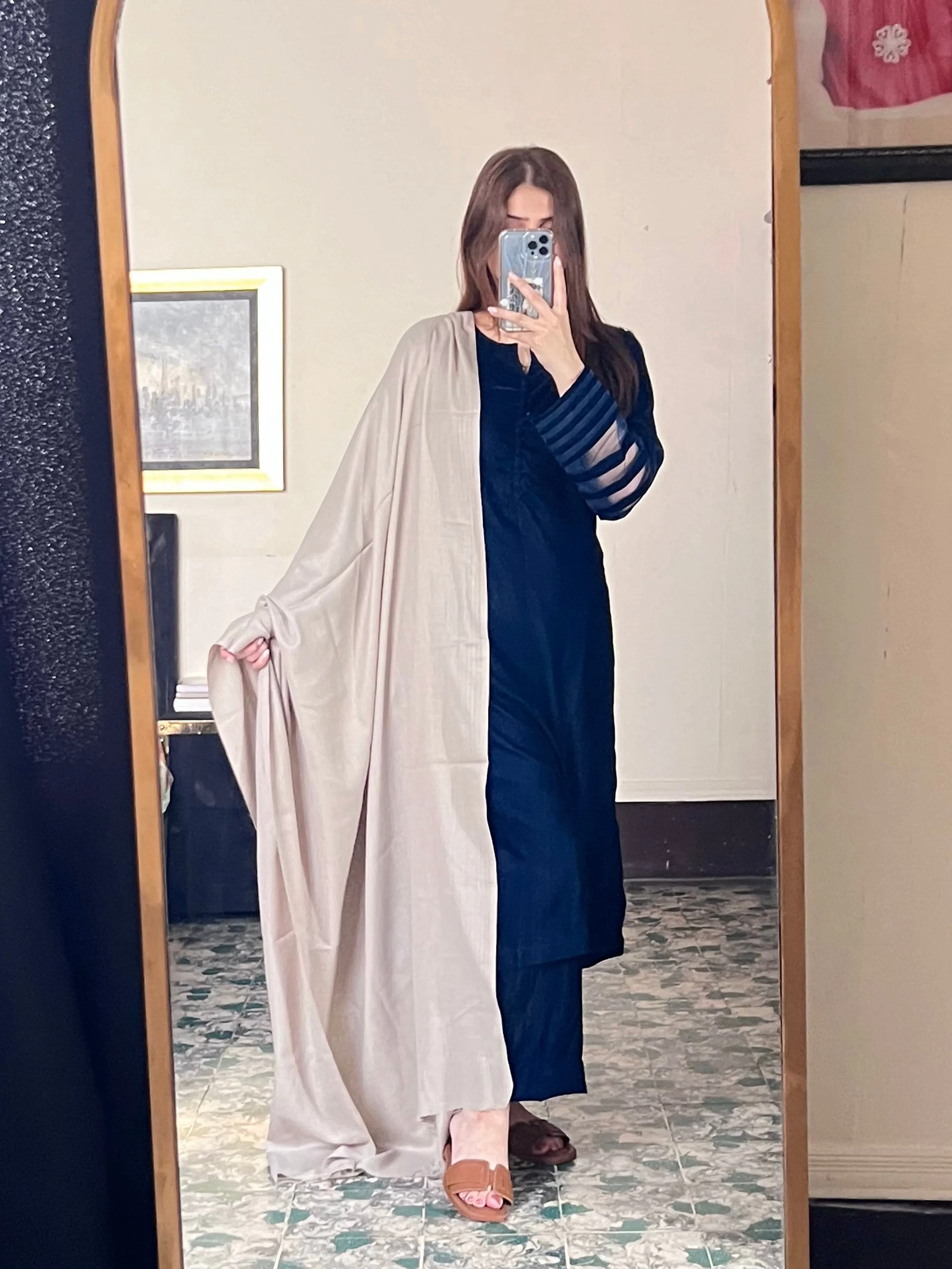 Velvet Navy Blue Dress with Shawl