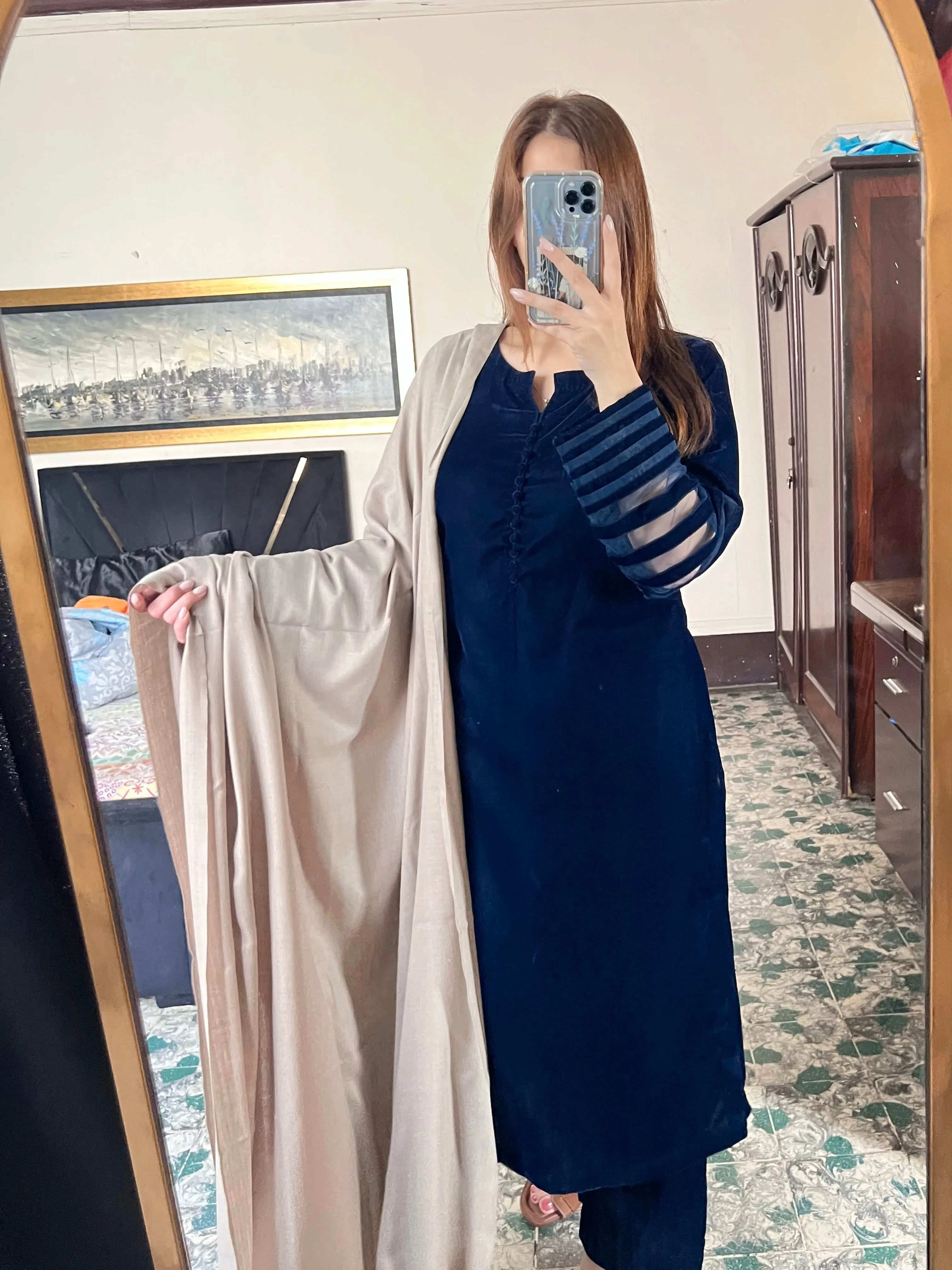 Velvet Navy Blue Dress with Shawl