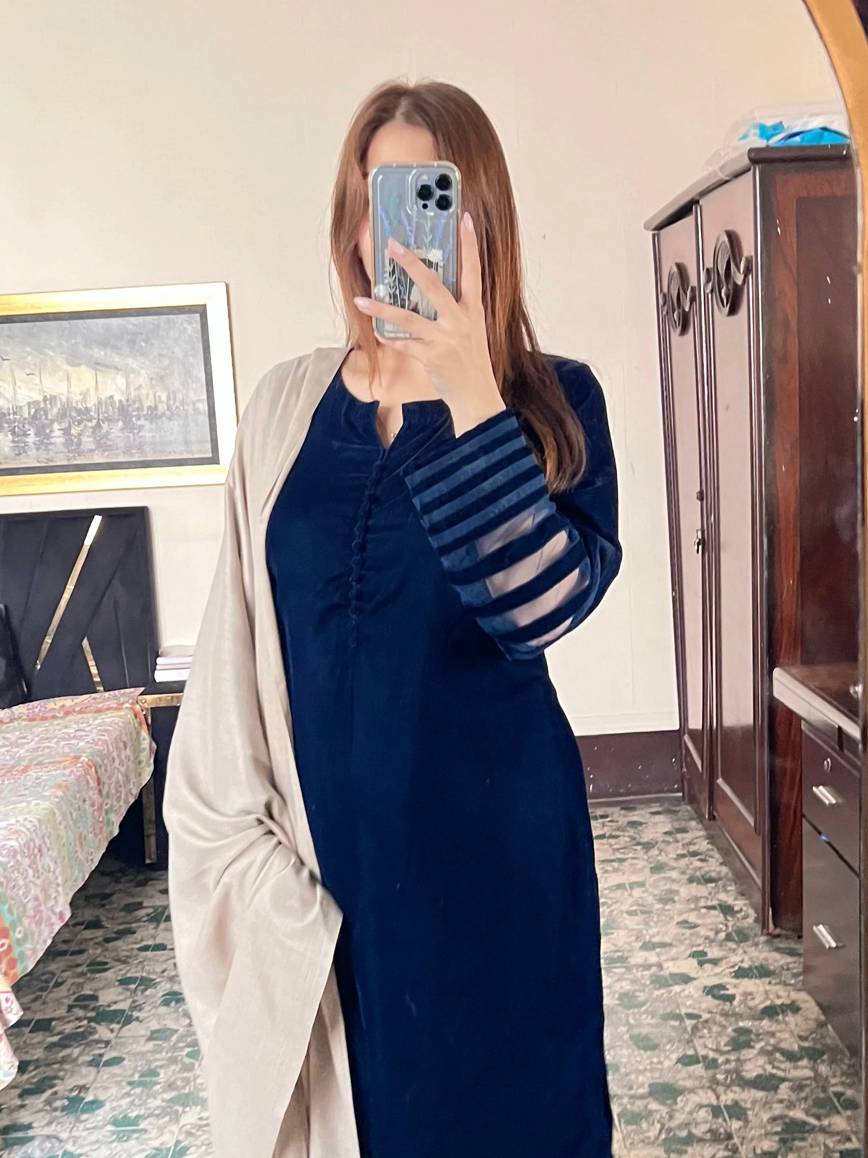 Velvet Navy Blue Dress with Shawl