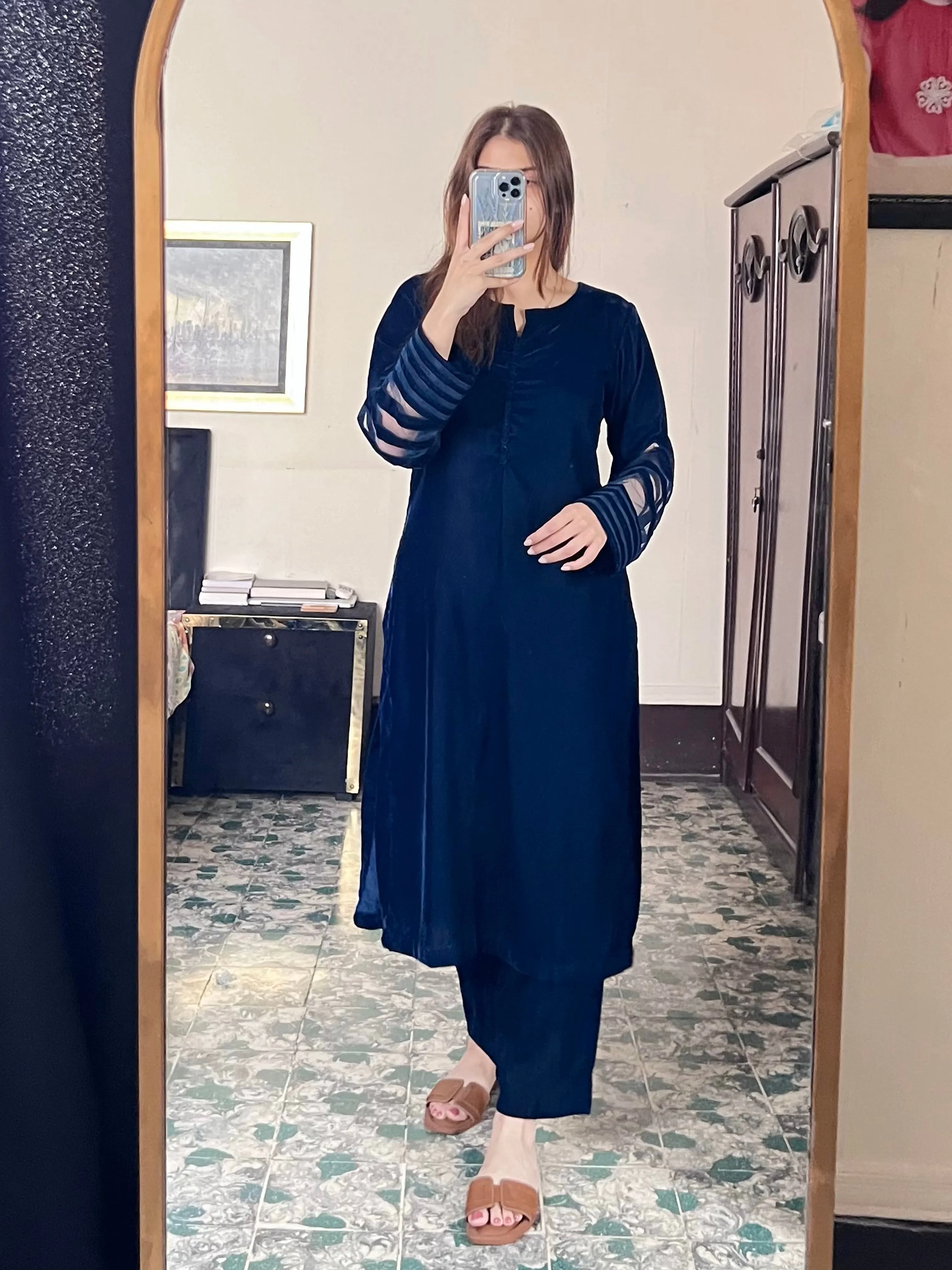 Velvet Navy Blue Dress with Shawl