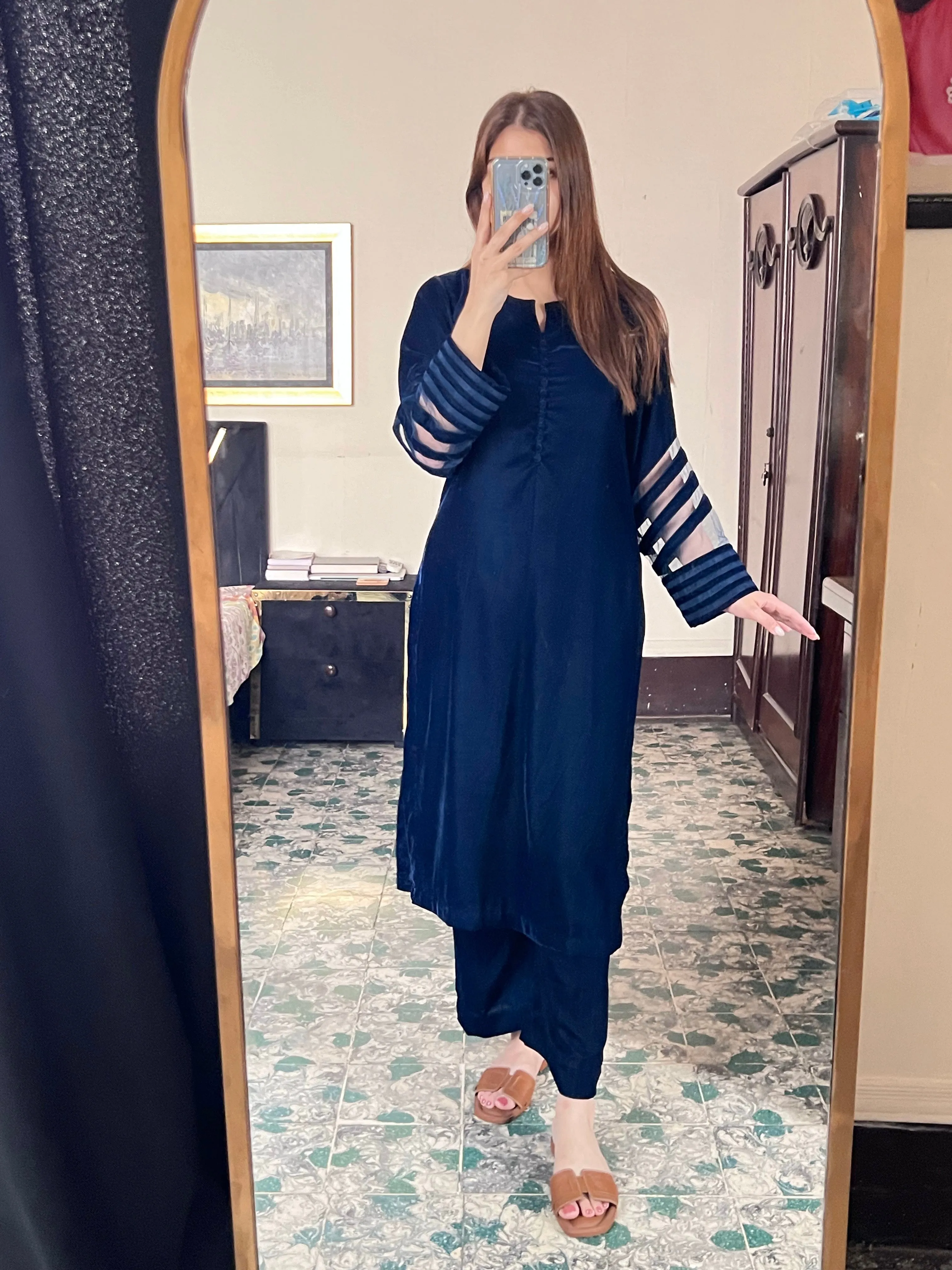 Velvet Navy Blue Dress with Shawl