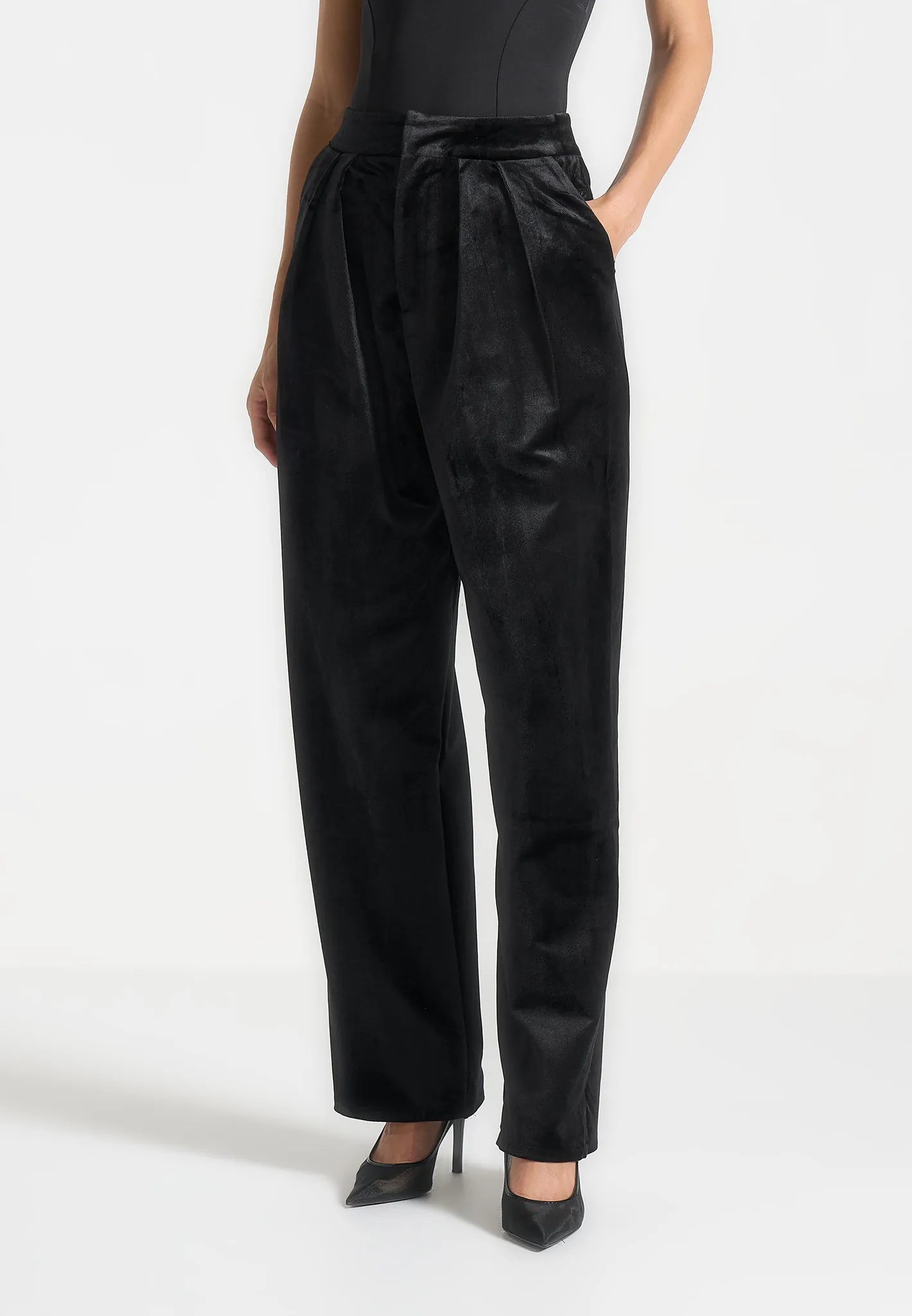 Velvet Tailored Pleated Trousers - Black