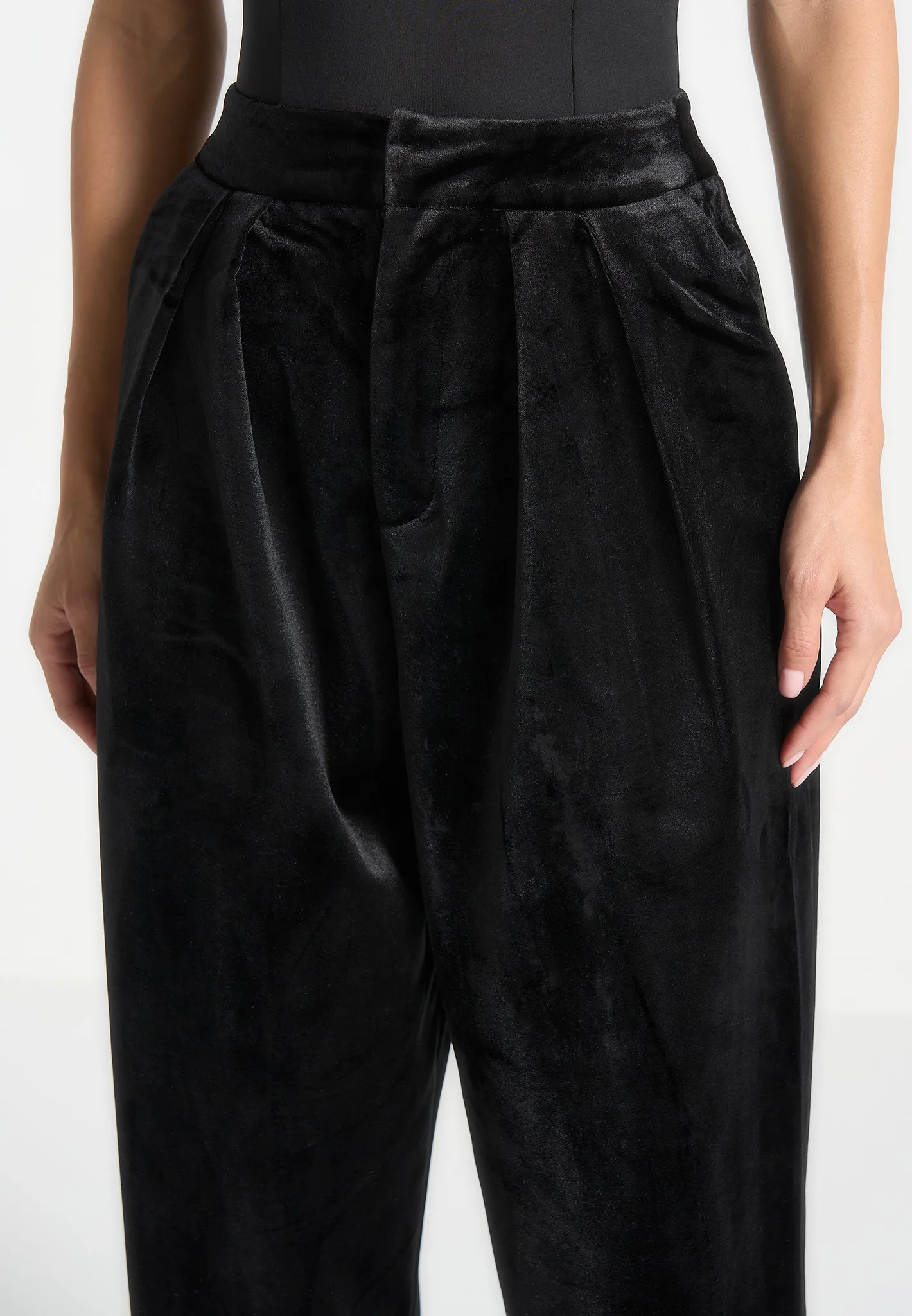 Velvet Tailored Pleated Trousers - Black