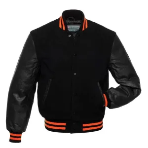 Warrior Gears Classic Hybrid Varsity Jacket for Kids, Toddler Letterman Bomber Jacket for Boys, Unisex Varsity Jacket Girls, All Black Pure Wool Body & Cowhide Leather Sleeves with Orange Ribbon