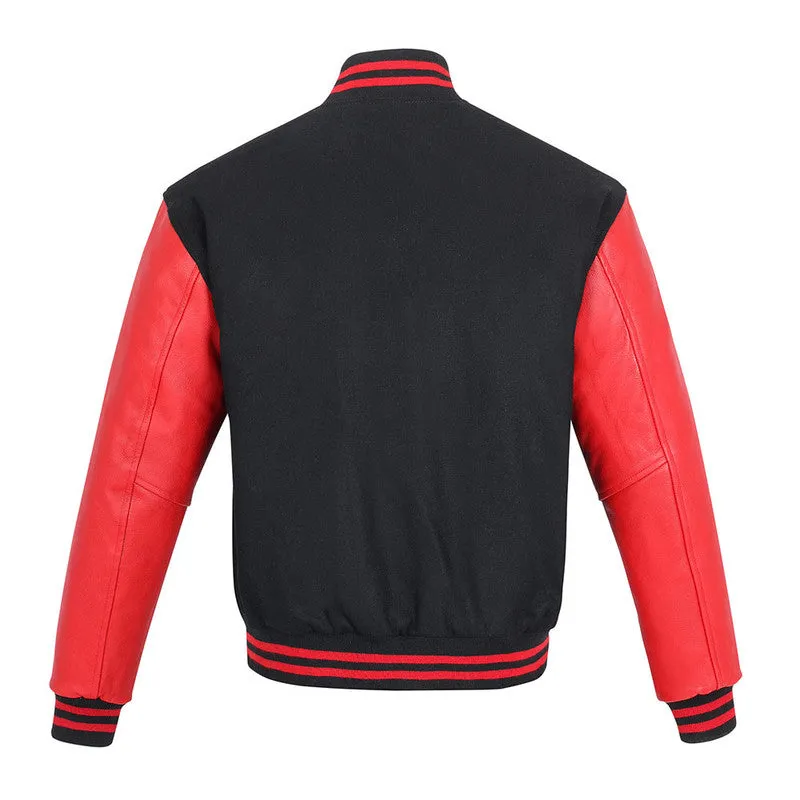 Warrior Gears Classic Hybrid Varsity Jacket for Kids, Toddler Letterman Bomber Jacket for Boys, Unisex Varsity Jacket Girls, Black Pure Wool Body & Red Cowhide Leather Sleeves