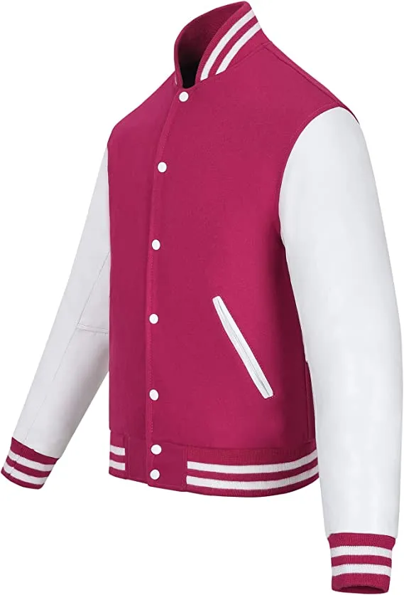 Warrior Gears Classic Hybrid Varsity Jacket for Kids, Toddler Letterman Bomber Jacket for Boys, Unisex Varsity Jacket Girls, Hot Pink Pure Wool Body & White Cowhide Leather Sleeves