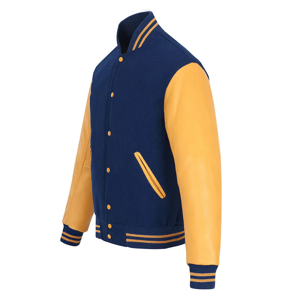 Warrior Gears Classic Hybrid Varsity Jacket for Kids, Toddler Letterman Bomber Jacket for Boys, Unisex Varsity Jacket Girls, Navy Blue Pure Wool Body & Goldish Yellow Cowhide Leather Sleeves