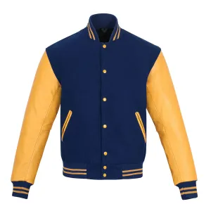 Warrior Gears Classic Hybrid Varsity Jacket for Kids, Toddler Letterman Bomber Jacket for Boys, Unisex Varsity Jacket Girls, Navy Blue Pure Wool Body & Goldish Yellow Cowhide Leather Sleeves