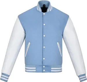 Warrior Gears Classic Hybrid Varsity Jacket University Letterman Bomber Jacket, Pure Wool & Original Cowhide Leather Jacket, Baby Blue Pure Wool Body & White Real Leather Sleeves