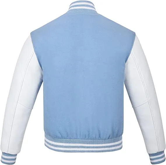 Warrior Gears Classic Hybrid Varsity Jacket University Letterman Bomber Jacket, Pure Wool & Original Cowhide Leather Jacket, Baby Blue Pure Wool Body & White Real Leather Sleeves