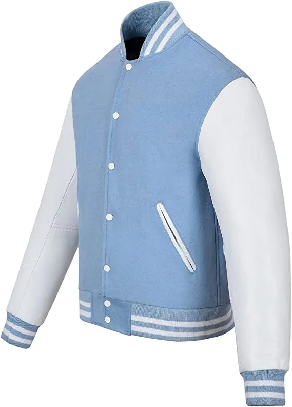 Warrior Gears Classic Hybrid Varsity Jacket University Letterman Bomber Jacket, Pure Wool & Original Cowhide Leather Jacket, Baby Blue Pure Wool Body & White Real Leather Sleeves